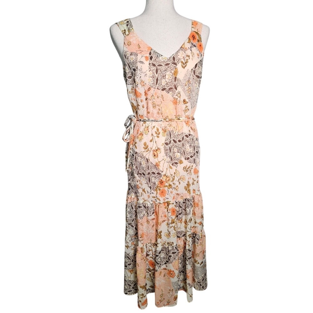 Sleeveless Tiered Floral Summer Tank Dress With Tie Peach And Brown Sz 12